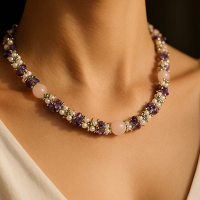 Бусы с розовым кварцем, аметистом и хризолитом